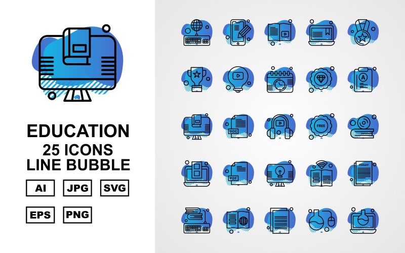 25 Premium Education Line Bubble Icon Set