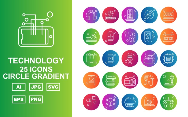 25 Premium Technology Circle Gradient Icon Set