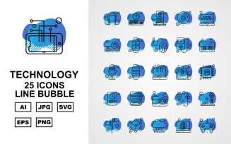 25 Premium Technology Line Bubble Icon Set