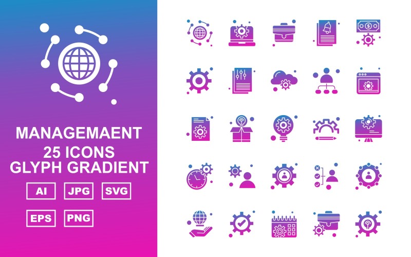 25 Premium Management Glyph Gradient Icon Set