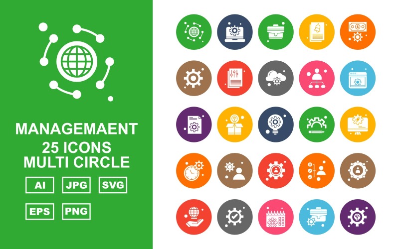 25 Premium Management Multi Circle Icon Set