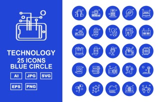 25 Premium Technology Blue Circle Icon Set