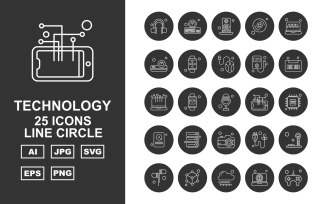 25 Premium Technology Line Circle Icon Set