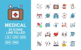 25 Premium Medical Line Filled Icon Set