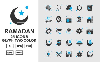 25 Premium Ramadan Glyph Two Color Icon Set