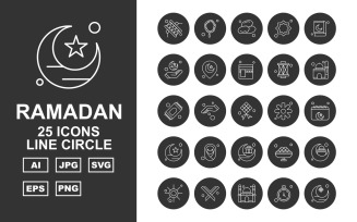 25 Premium Ramadan Line Circle Icon Set