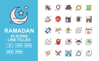 25 Premium Ramadan Line Filled Icon Set