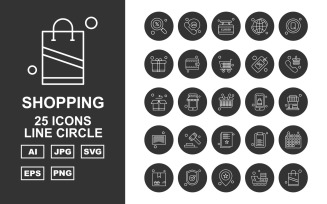 25 Premium Shopping Line Circle Icon Set