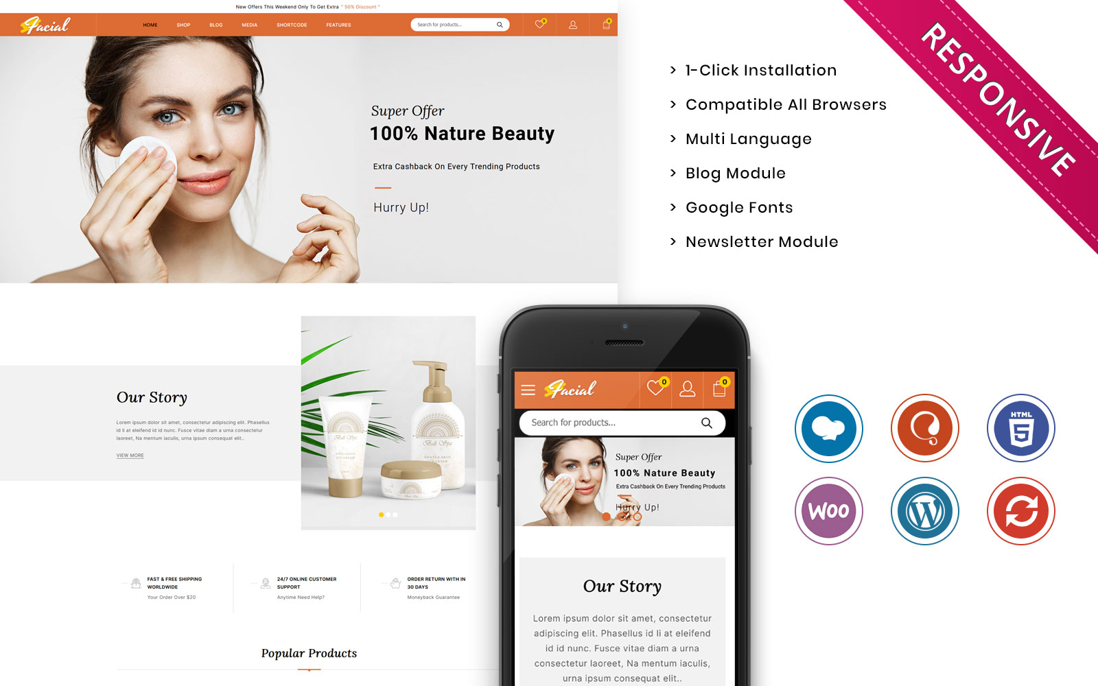"Facial - The Ladies Cosmetic Store" thème WooCommerce adaptatif #136544