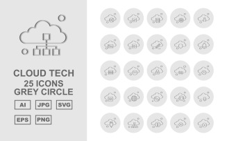 25 Premium Cloud Tech Grey Circle Icon Set
