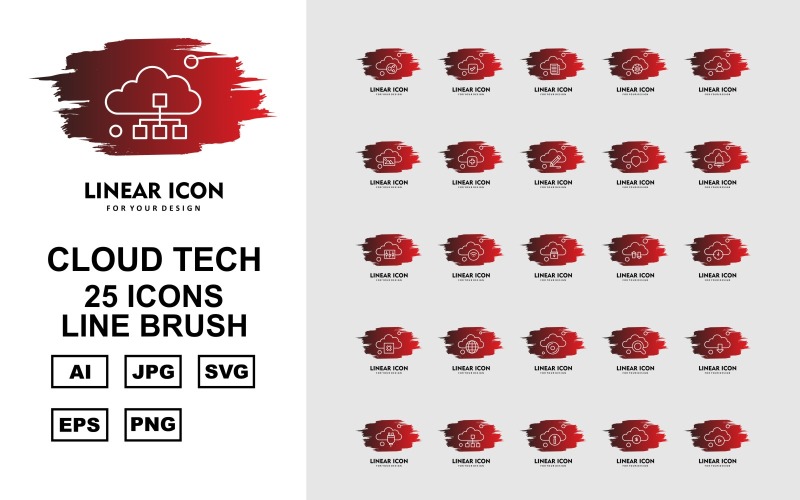 25 Premium Cloud Tech Line Brush Icon Set
