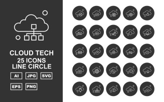 25 Premium Cloud Tech Line Circle Icon Set