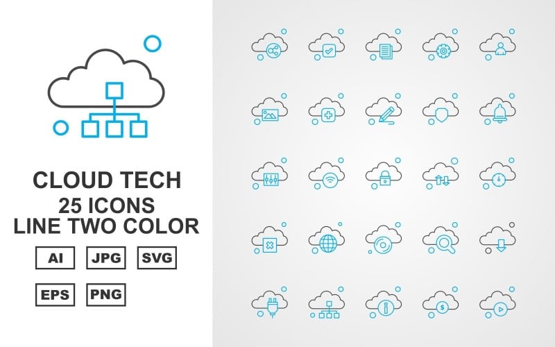 25 Premium Cloud Tech Line Two Color Icon Set