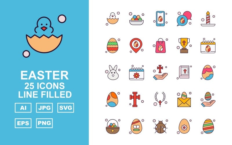 25 Premium Easter Line Filled Icon Set