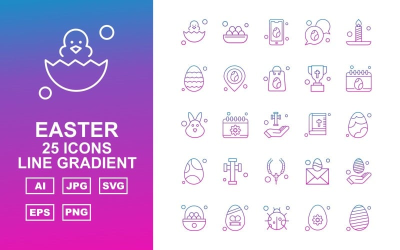 25 Premium Easter Line Gradient Icon Set