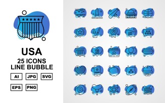 25 Premium USA Line Bubble Icon Set
