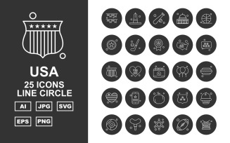 25 Premium USA Line Circle Icon Set