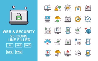 25 Premium Web And Security Line Filled Icon Set