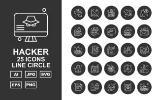 25 Premium Hacker Line Circle Icon Set