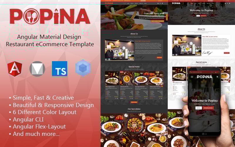 Modello Siti Web Responsive #137975 "Angular 11 Material Design Restaurant eCommerce Template + Admin Panel"