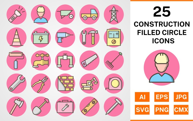 25 Construction Filled Circle Icon Set