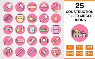 25 Construction Filled Circle Icon Set