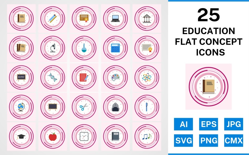 25 Education Flat Concept Icon Set