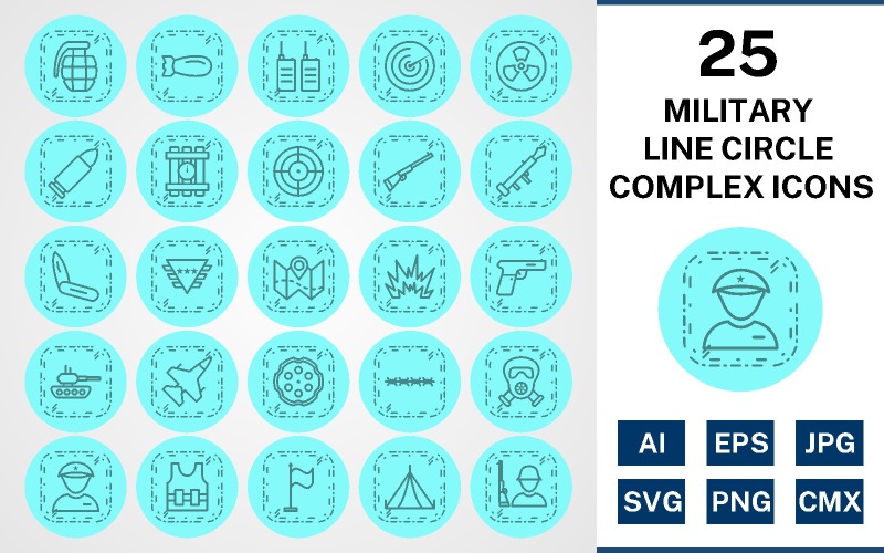 25 Military Line Circle Complex Icon Set