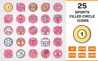 25 Sports And Games Filled Circle Icon Set