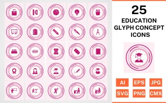25 Education Glyph Concept Icon Set