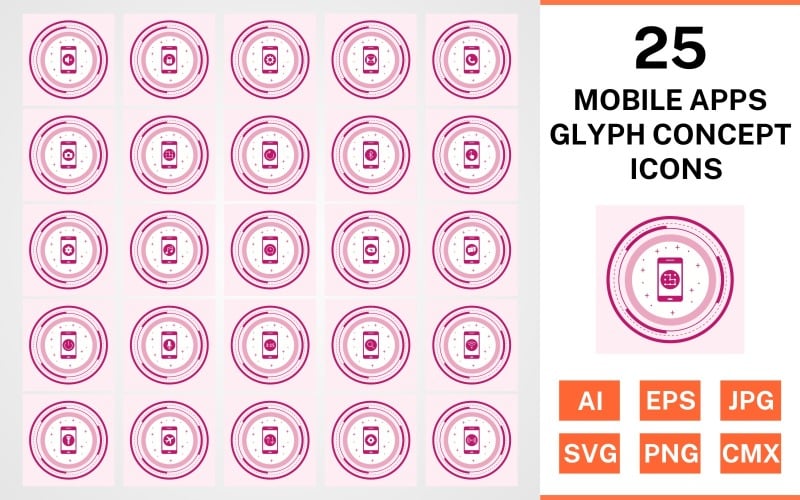 25 Mobile Apps Glyph Concept Icon Set