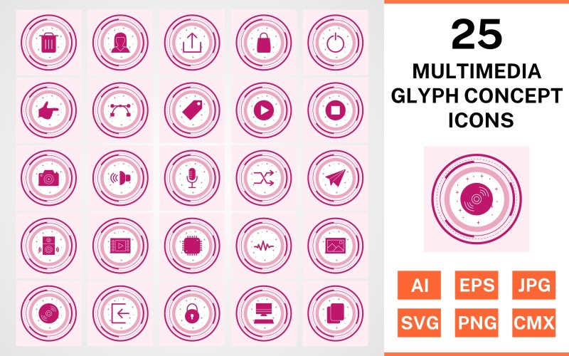 25 Multimedia Glyph Concept Icon Set