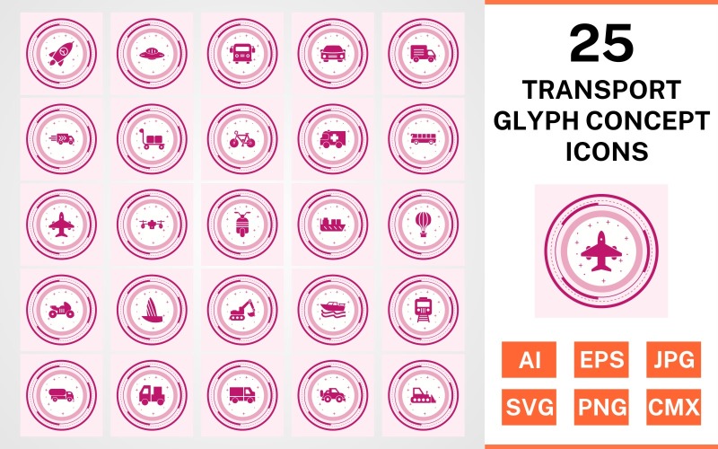 25 Transport Glyph Concept Icon Set
