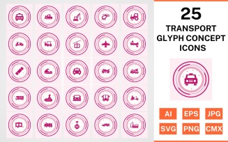 25 Transport Glyph Concept Icon Set