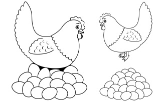 Hen and Eggs Line Art - Illustration