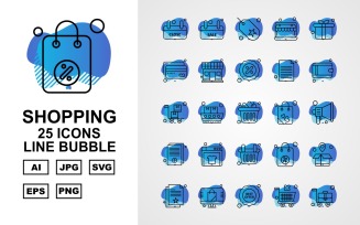 25 Premium Shopping Line Bubble Pack Icon Set