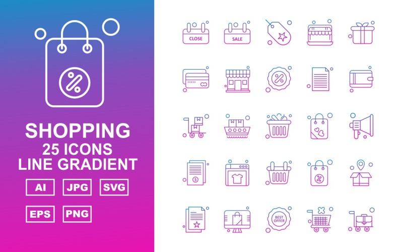 25 Premium Shopping Line Gradient Pack Icon Set