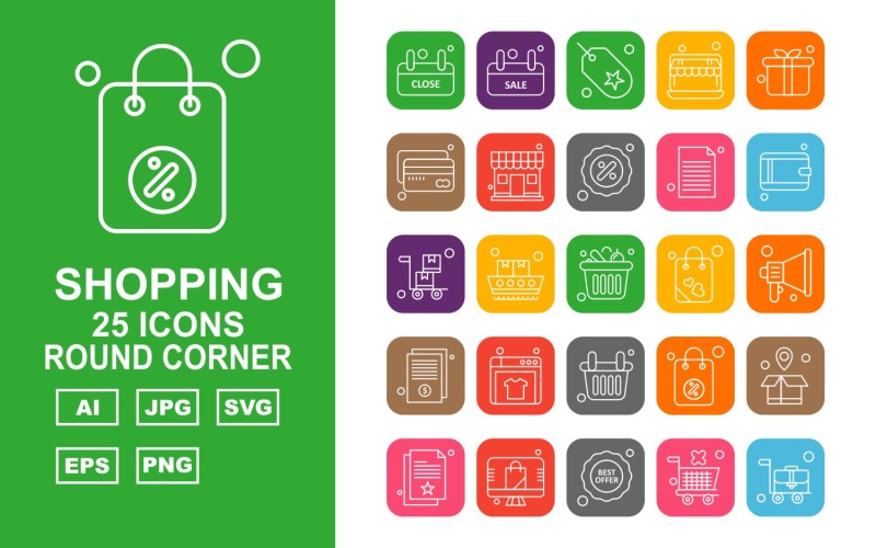 25 Premium Shopping Round Corner Pack Icon Set