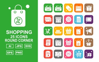 25 Premium Shopping Round Corner Pack Icon Set