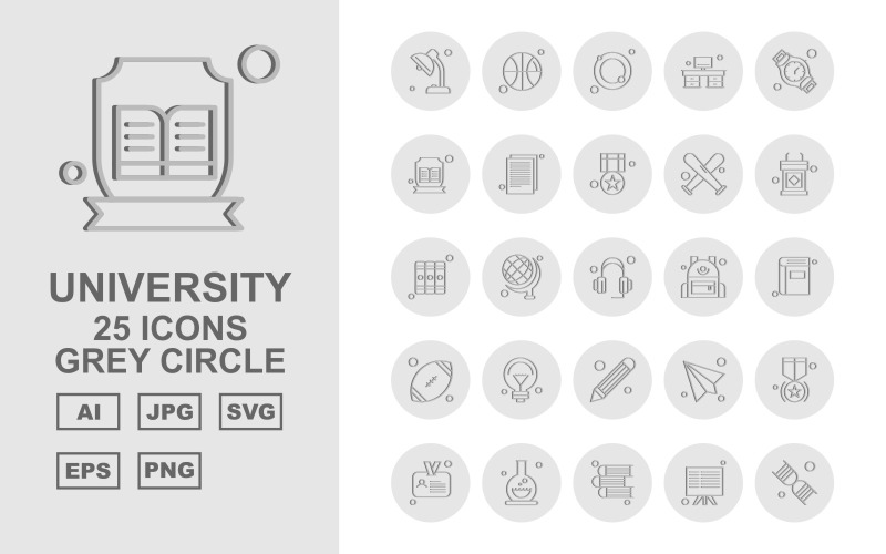 25 Premium University Grey Circle Icon Set