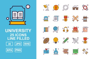 25 Premium University Line Filled Icon Set