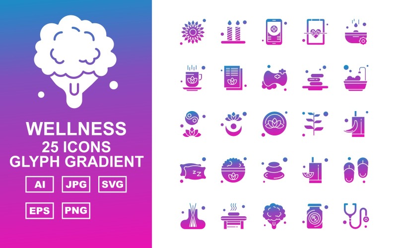 25 Premium Wellness Glyph Gradient Icon Set