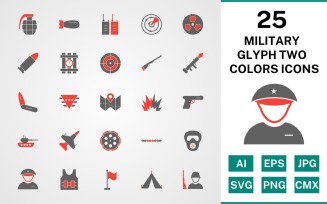 25 Military Glyph Two Colors Icon Set