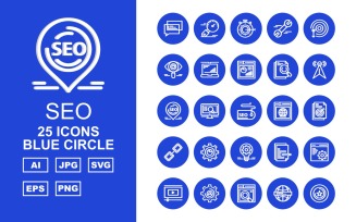 25 Premium SEO III Blue Circle Pack Icon Set