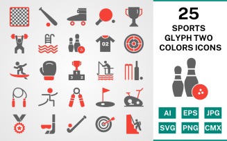 25 Sports And Games Glyph Two Colors Icon Set