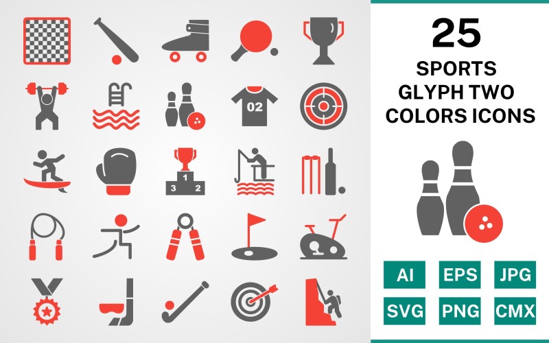 25 Sports And Games Glyph Two Colors Icon Set