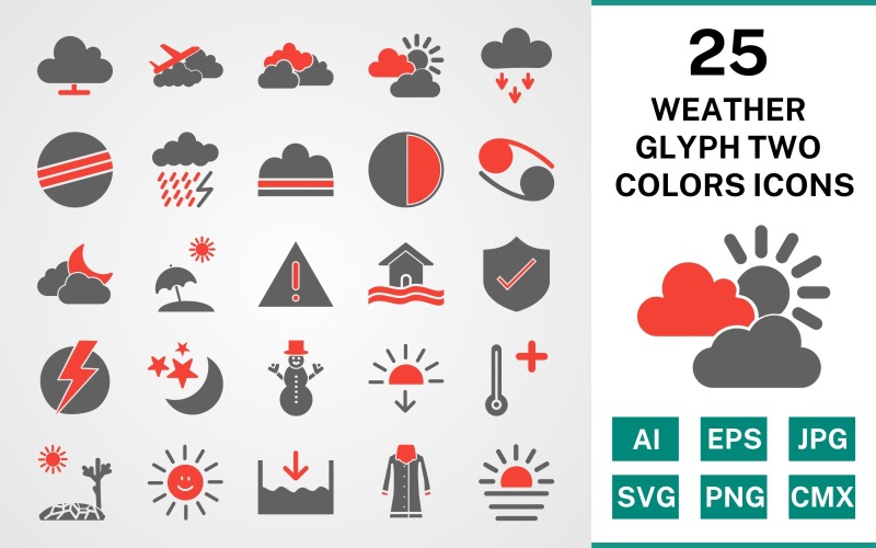 25 Weather Glyph Two Colors Icon Set