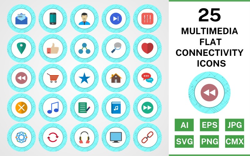 25 Multimedia Flat Connectivity Icon Set