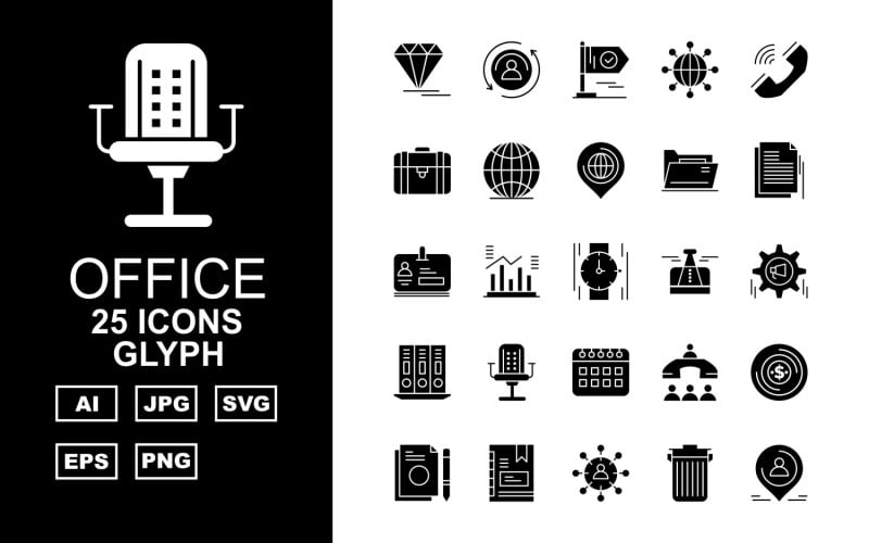 25 Premium Office III Glyph Pack Icon Set