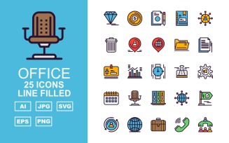 25 Premium Office III Line Filled Pack Icon Set